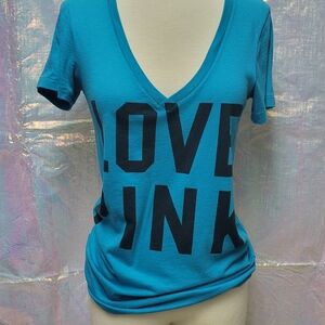 Victoria's Secert Love Pink Blue V-Neck Graphic Tee